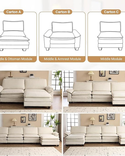 VINGLI 156" Cloud Couch, Comfy Modular Sectional Sofa Set for Living Room,U-Shaped Linen 4-Seat Convertible Loveseat Sofa with 2 Ottoman for Small Space.(Beige)