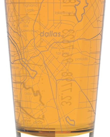 Well Told Engraved Dallas Texas Map Pint Glass, Etched Beer Gift (16 oz, Clear) City Map Pint, Custom City Glassware, Gifts For Beer Lovers