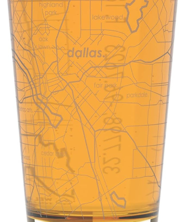 Well Told Engraved Dallas Texas Map Pint Glass, Etched Beer Gift (16 oz, Clear) City Map Pint, Custom City Glassware, Gifts For Beer Lovers