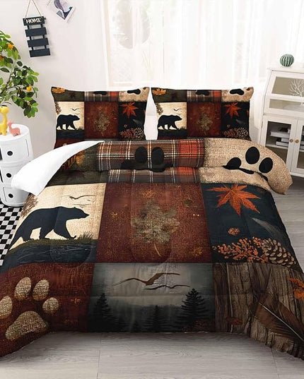 AILONEN Retro Rustic Bear Comforter Set for Bedroom Decor,Vintage Animal Bedding Sets Twin Size,Forest Wildlife Theme Duvet Set,3-Piece, 1 Quilt and 2 Pillowcases,Soft Microfiber