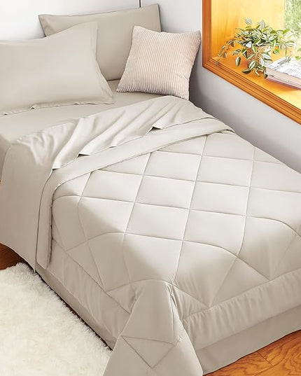 CozyLux Twin XL Comforter Set Beige - 5 Pieces Twin Extra Long Bed in a Bag for College Dorm, All Season Bedding Set for Girls and Boys, Soft Bed Set with Comforter, Sheets, Pillowcase & Sham