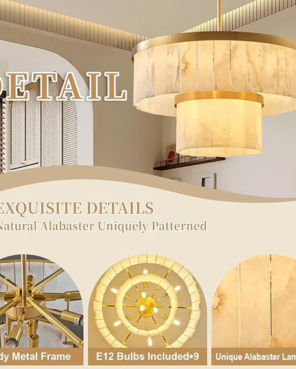 Alabaster Chandelier 2-Tier D24 Brass Round Chandeliers, Modern Dining Room Chandelier Marble Pendant Light for Living Room, Bedroom, Foyer, Kitchen, Entryway Gold(Include Bulbs)