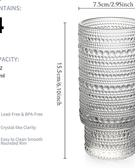 4 Pack Vintage Glassware Drinking Glasses Set, 16 oz Hobnail Glassware, Embossed Clear Water Tumbler, Cocktail Glass Cups for Kitchen and Bar, Perfect for Juice, Iced Coffee, Whiskey, Beer