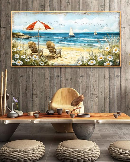 ERQINHUA Large Wall Decor Canvas Painting Wall Art For Living Room Bedroom Home Decoration Blue Seaside Landscape Painting Print For office Dining Room Bathroom Wall Aesthetics Wood Frame 30x60 In
