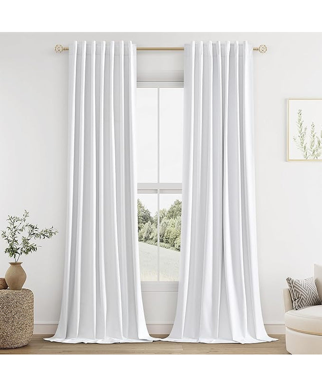 Guken White Linen Blackout Curtains 102 Inch Length 2 Panels Set for Living Room Bedroom Back Tab Thermal Insulated 100% Black Out Linen Drapes Room Darkening Window Curtains Pure White