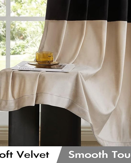 BULBUL Black Champagne Color Block Window Curtains Panels 102 inches Long Velvet Farmhouse Drapes for Bedroom Living Room Darkening Treatment with Grommet Set of 2