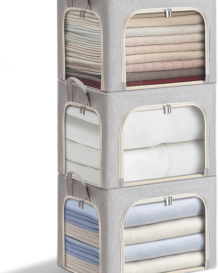 combocube 3-Side Zippered Openings Clothes Storage Bins with Thick Metal Frame, Stackable & Foldable Clothing Storage Bins with Lid, Linen Fabric Closet Storage Box with Large Clear Window, 3 Pack