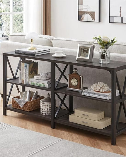 LVB Rustic Console Table, Industrial Modern Sofa Table Behind Couch, Long Metal Wood Entryway Table with Storage Shelf, Farmhouse Foyer Hallway Table for Home Living Room Bedroom, Dark Gray Oak, 63 in