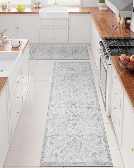 jinchan Kalen Runner Rug 3x10-2pcs Washable Hallway Rug Vintage Indoor Thin Retro Floor Cover Distressed Gray Floral Country Lightweight Non Slip Carpet for Entryway Bathroom Kitchen Bedroom Grey