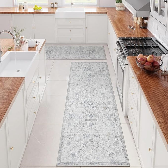 jinchan Kalen Runner Rug 3x10-2pcs Washable Hallway Rug Vintage Indoor Thin Retro Floor Cover Distressed Gray Floral Country Lightweight Non Slip Carpet for Entryway Bathroom Kitchen Bedroom Grey