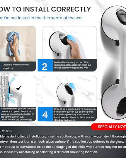 2 Pack 12 Inch Grab Bars for Bathtubs and Showers for Seniors, Heavy Duty Shower Handle for Elderly, Suction Cup Removable Handrails Handicap Bath Grip Bathroom Safety Grips (White and Black