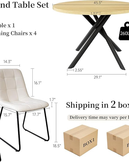 45.3 Inch Round Dining Table Set for 4, Mid Century Modern Small Coffee Set for Dining Room Kitchen Apartment (Cream Table + 4 U-Shaped White Chairs)