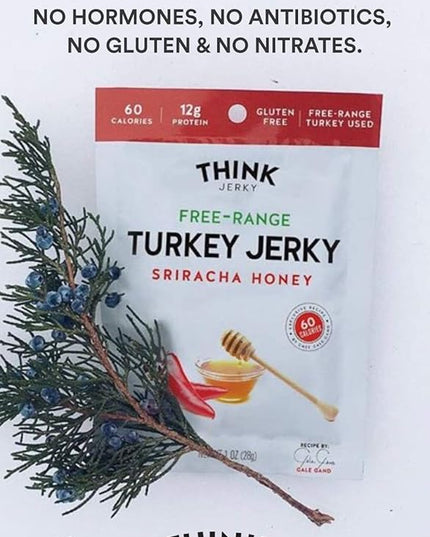 Think Jerky Sriracha Honey Turkey Jerky, Chef Crafted Free Range Turkey, Gluten Free, No Antibiotics or Nitrates, Healthy Chef Crafted Recipe, Low Calorie and Low Fat - 1.0 oz Bags, 8 Pack