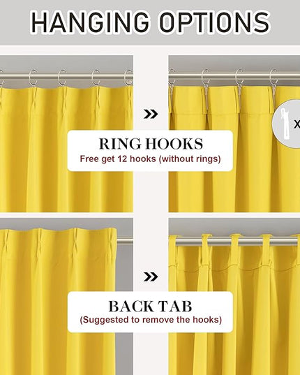 DONREN Yellow Pinch Pleated Blackout Curtains with Hooks - 90 inch Length Room Darkening Thermal Insulated Window Curtain Panels for Living Room Bedroom 2 Panel 40" Wx90 L