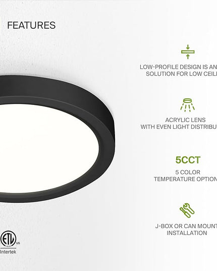 ASD LED 5" Round Flush Mount Ceiling Light Fixture, Low Profile Surface Lighting | 5CCT, Dimmable, Ultra-Thin, ETL Listed | 10W 700LM 2700-6000K 120V | Kitchen, Bedroom, Hallway Lamp | Black, 12 Pack