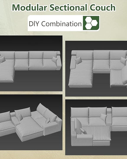 136" Cloud Couch Modular Sectional Sofa for Living Room, L-Shape Boneless Couch with Deep Seat, Modern Corduroy 4-Seater, No Assembly Required (Green,Left-Facing Chaise)