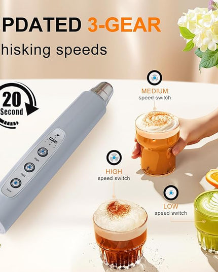YUSWKO Handheld Milk Frother for Coffee, Rechargeable Drink Mixer with 3 Heads 3 Speeds Electric Whisk Coffee Frother For Latte, Cappuccino, Hot Chocolate, Egg - Cement Gray