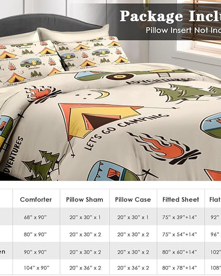 Comforter Set Queen Size, Summer Camp Camper 7 Pcs Bedding for Kids and Adults, Camping Adventure Bed Sheet Sets with Fitted Sheet 2 Pillowcases & 2 Shams for Bedroom Bed Decor