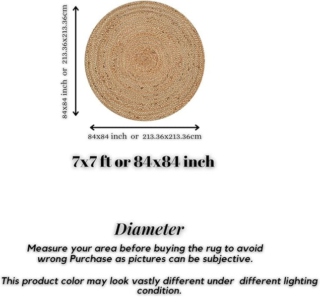 Hand Woven Jute Area Rug - 7' Round - Rustic Beige Reversible Farmhouse Rugs for Living Room, Bedroom, Kitchen - Vintage Natural Braided Entry Floor Décor Circle Boho Round Rugs 7ft