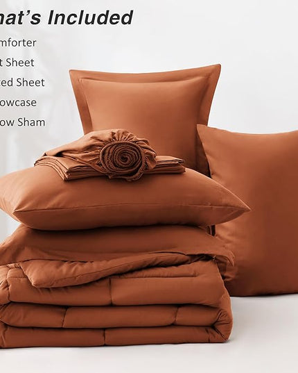 Love's cabin Queen Comforter Set Burnt Orange, 7 Pieces Queen Bed in a Bag, All Season Bedding Sets with 1 Comforter, 1 Flat Sheet, 1 Fitted Sheet, 2 Pillowcase and 2 Pillow Sham