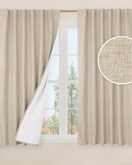 LAMIT 100% Blackout Window Curtains for Bedroom, 45 Inches Linen Textured Thermal Farmhouse Curtains Back Tab and Rod Pocket Window Panels with White Liner, 2 Panels, 52 x 45 Inch, Linen