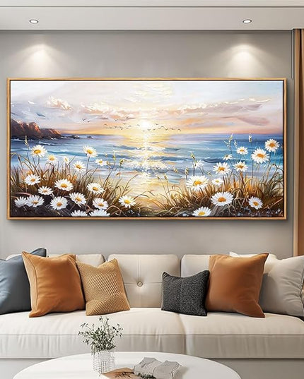 PHAOHUAXM Large Wall Art For Living Room Canvas Wall Decor For Office Bedroom Decorations Blue Ocean Landscape Wall Pictures Artwork Modern Beach Posters Aesthetic Home Decor Wood Framed 24"x48"