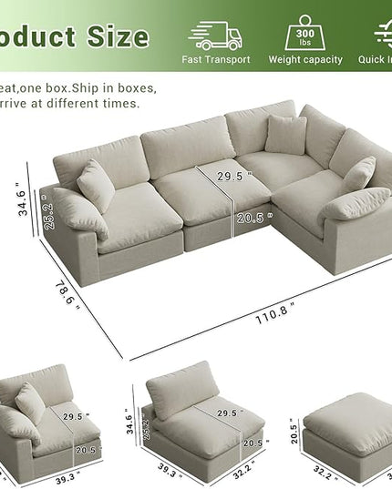Cloud Modular Sectional Sofa,189.4" Down Filled Sofa 4 Seat with Chaise,Minimalist Sofa Cover Washable and Replaceable Couches for Living Room,Sectional Sofa Deep Seat