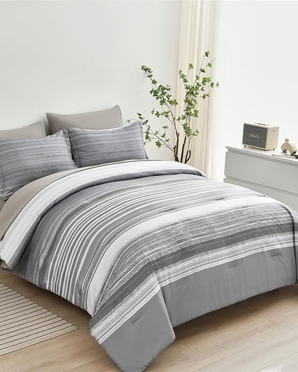 KAKIJUMN 7 Piece Bed in a Bag Stripe Comforter Set King Size, White Grey Patchwork Striped Comforter and Sheet Set, All Season Soft Microfiber Complete Bedding Set(Light Grey,King)