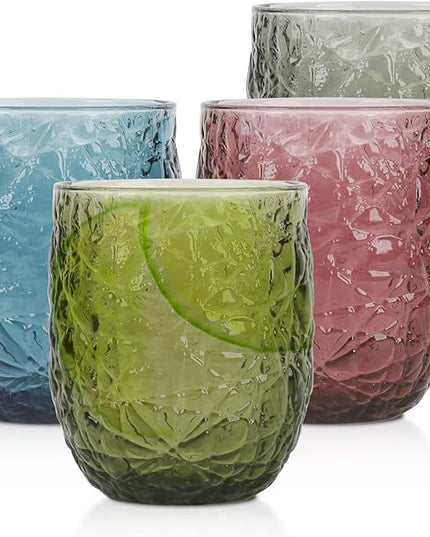 Colored Glasses Drinking Set of 4, 12oz Vintage Drinking Glasses, Drinking Glasses for Cocktail, Beer, Wine, Whiskey, Water & Juice Drinkware (Lce Cracks 4PCS)