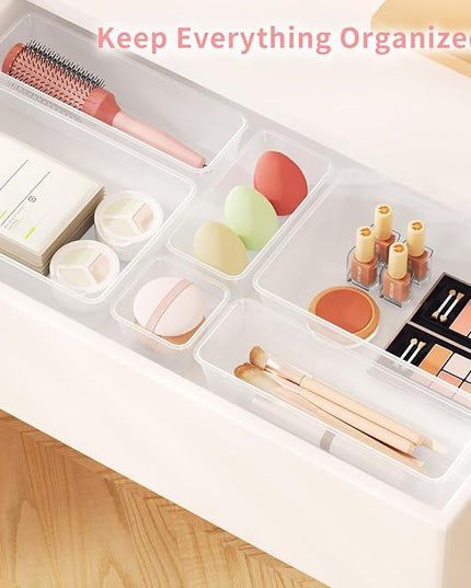25 PCS Plastic Drawer Organizer Set, 4-Size Clear Bathroom and Vanity Desk Drawer Organizer Trays, Non-Slip Versatile Storage Bins for Makeup Jewelry Office Kitchen Gadgets