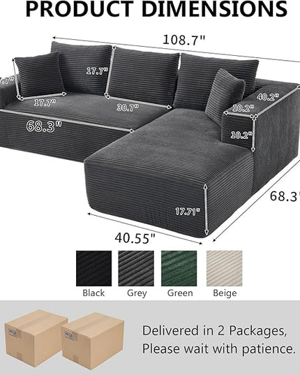 PELUMY 108.7" L-Shaped Modular Sectional Sofa with Oversized Chaise, Cloud Couch with Memory Foam, No Assembly Required Sleeper Sofa for Small Space Living Room, Apartment (Grey, Corduroy)