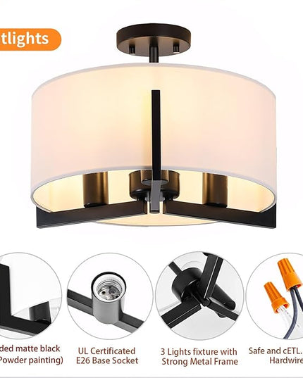 16 inch Semi Flush Mount Ceiling Light: 3-Light Black Modern Light Fixtures Ceiling Mount with Drum Fabric Shade, Close to Ceiling Lamp for Bedroom, Kitchen, Entryway (Bulb Exclude)