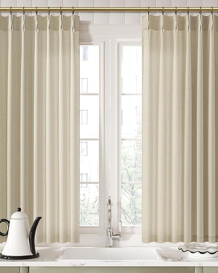Memory Trained Shaped Linen Beige Curtains 54 Inches Pinch Pleated Short Curtain for Kitchen,Light Filtering Privacy Small Window Drapes with Back Tab and Hooks for Bay 40" x 54" - 2 Panels Set