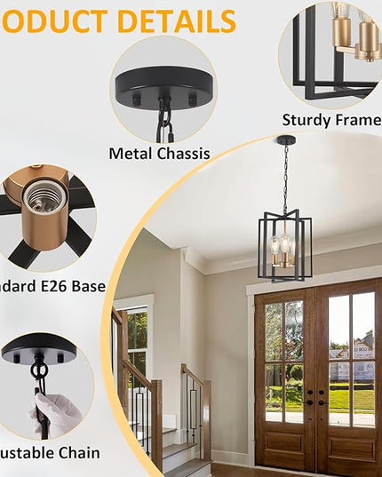 Black Gold Chandelier for Dining Room, Modern Farmhouse 3 Light Entryway Pendant Light Fixture Adjustable Geometric Industrial Rustic Foyer Light for Living Room Kitchen Island Hallway Bedroom