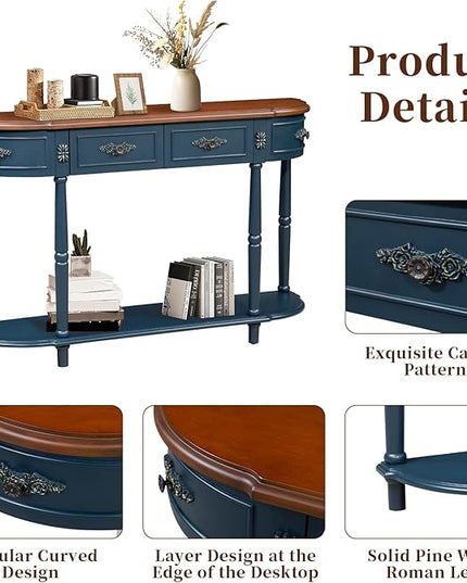 HMFULE Retro Curved Console Table, 52" Half Moon Sofa Entryway With 2 Drawers 1 Open Shelf, Solid Pine Legs for Living Room, Hallway, Navy Blue