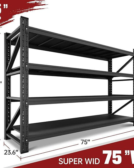 9000LBS Storage Shelves, 75" W Garage Shelving Heavy Duty Metal Adjustable Garage Shelves, Shelving Units Industrial Shelving for Warehouse, 75" W x 24" D x 70" H, Black