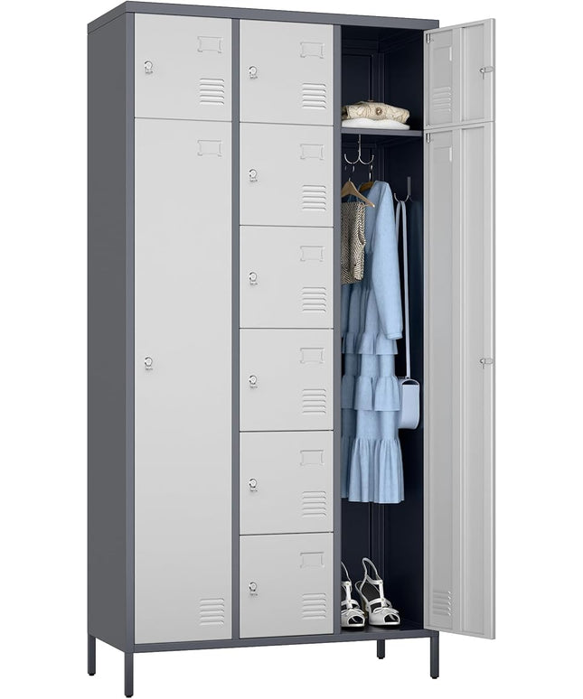 Aobabo Metal Lockable Storage Locker 8 Small Doors and 2 Big Doors, Metal Lockers for empolyees with Hooks, for School Home Office, Assembly Required, 10Doors, Grey White