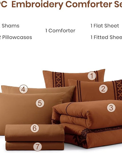 MaiRêve Embroidery Comforter Set, Boho Farmhouse Western Bedding Set, All Season Bed in A Bag Comforter Set with Sheets, Pillowcases & Shams, Burnt Orange Oversized Queen 7 Pieces