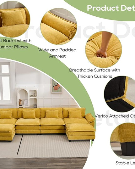154" Modular Sectional Sofa, Comfy Cloud Couch Sectional Sofa with Ottoman, Chenille Sofa Sleeper Deep Seat Sofa with Throw Pillows for Living Room (Yellow, 154"- U Shape)