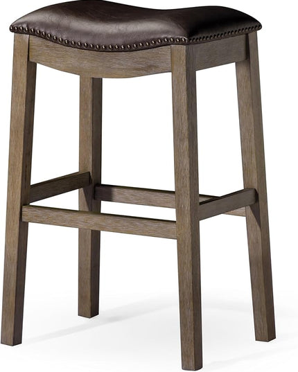 Maven Lane Adrien Backless Bar Stool – 31 Inch Saddle Seat with Footrest – Brown Solid Wood Frame & Beige Faux Leather Upholstery – Ideal for Bars, Pub Tables & Tall Kitchen Counters