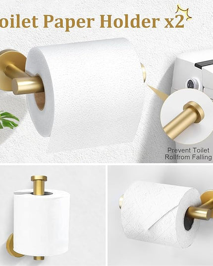 TURS Brushed Gold 10 Pieces Bathroom Hardware Set, SUS304 Stainless Steel 24 Inch Bath Towel Bar Set, Round Bathroom Accessories Kit Wall Mounted