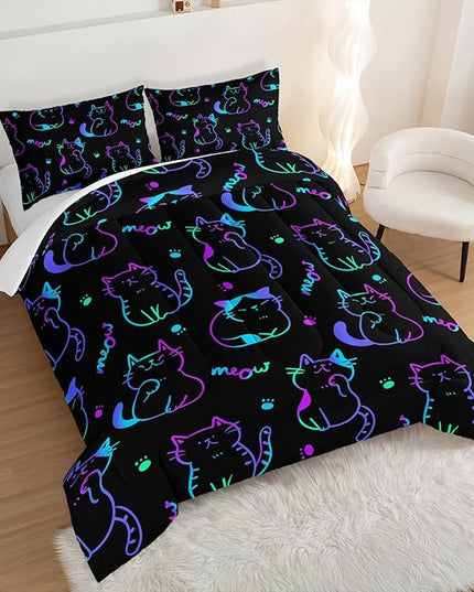 3D Neon Cat Kids Comforter Set,Gradient Line Cat Toddler Comforters King Size for Teens Kids Boys Girls Room Decoration,Black Kawaii Bedding Sets with 2 Pillowcases.