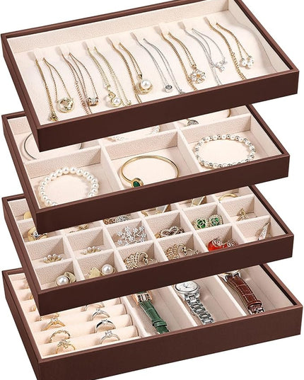 LANDICI Stackable Jewelry Organizer Trays 4 Set,PU Leather Jewelry Organizer Drawer,Jewelry Storage Display Tray for Earring Necklace Rings Bracelet with Removable Dividers,Coffee