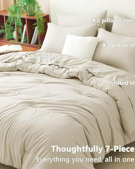 CozyLux King Comforter Set Oatmeal, 7 Pieces Bed in a Bag Soft Bedding Comforter Set with Sheets, All Season Boho 7PC Bed Sets with Comforter, Fitted Sheets, Flat Sheets, Pillow Shams and Pillowcases