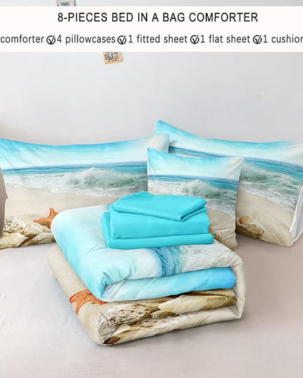 Bedbay 8 Pieces Coastal Comforter Set King Starfish Sea Life Printed King Size Bed in a Bag Beach Themed Bedding Comforter King Bed Set Women Adults Coastal Bedding Beach Room Decor(Aqua,King)