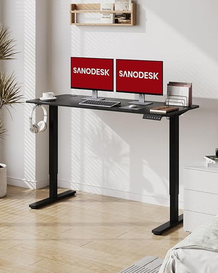 SANODESK Electric Standing Desk 55x24 Inch Height Adjustable Stand Up Desk Home Office Computer Workstation Sit Stand Home Office Desk with Splice Board (Black Frame + Black Top)