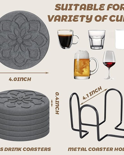 6 Pcs Diatomaceous Earth Absorbent Coasters with Holder 4 Inch Floral Engraved Non-Slip Round Diatom Mud Cup Mats Drink Coasters for Home Office Coffee Kitchen Bar Table Decor