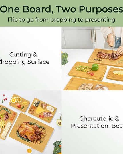 4-Pcs Natural Wood Cutting Board Set Kitchen Tools with Juice Groove, Wooden Chopping Board for Meat, Fruit, Vegetables & Cheese (Pre Oiled, Natural)