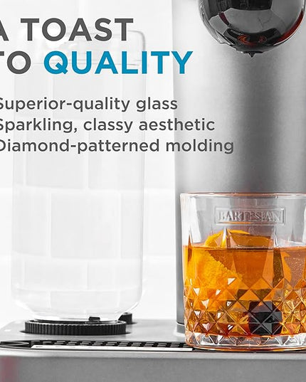 Bartesian Diamond Etched Lowball Glasses - 10.5 Oz Short Low Ball Glass Set for Cocktails & Mocktails - Classy Home Bar Glassware for Bourbon, Whiskey Sour, Old Fashioned, Mint Julep - Set of 2
