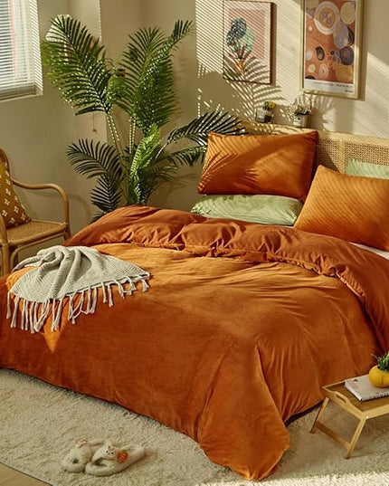 CLOTHKNOW Burnt Orange Velvet California King Comforter Sets Fluffy Bedding Comforter Sets Soft Terracotta Comforter with 2 x Pillow Cases